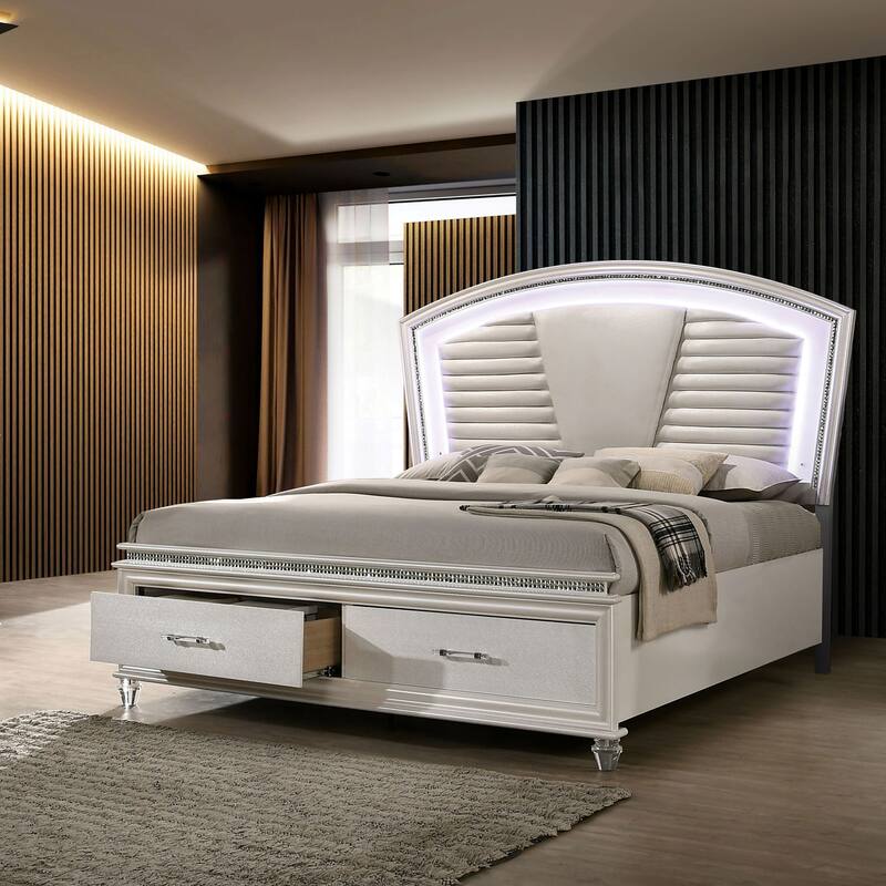 Xian Contemporary Wood Faux Leather Upholstered Tufted Storage Platform Bed with LED by Furniture of America - Pearl White - King