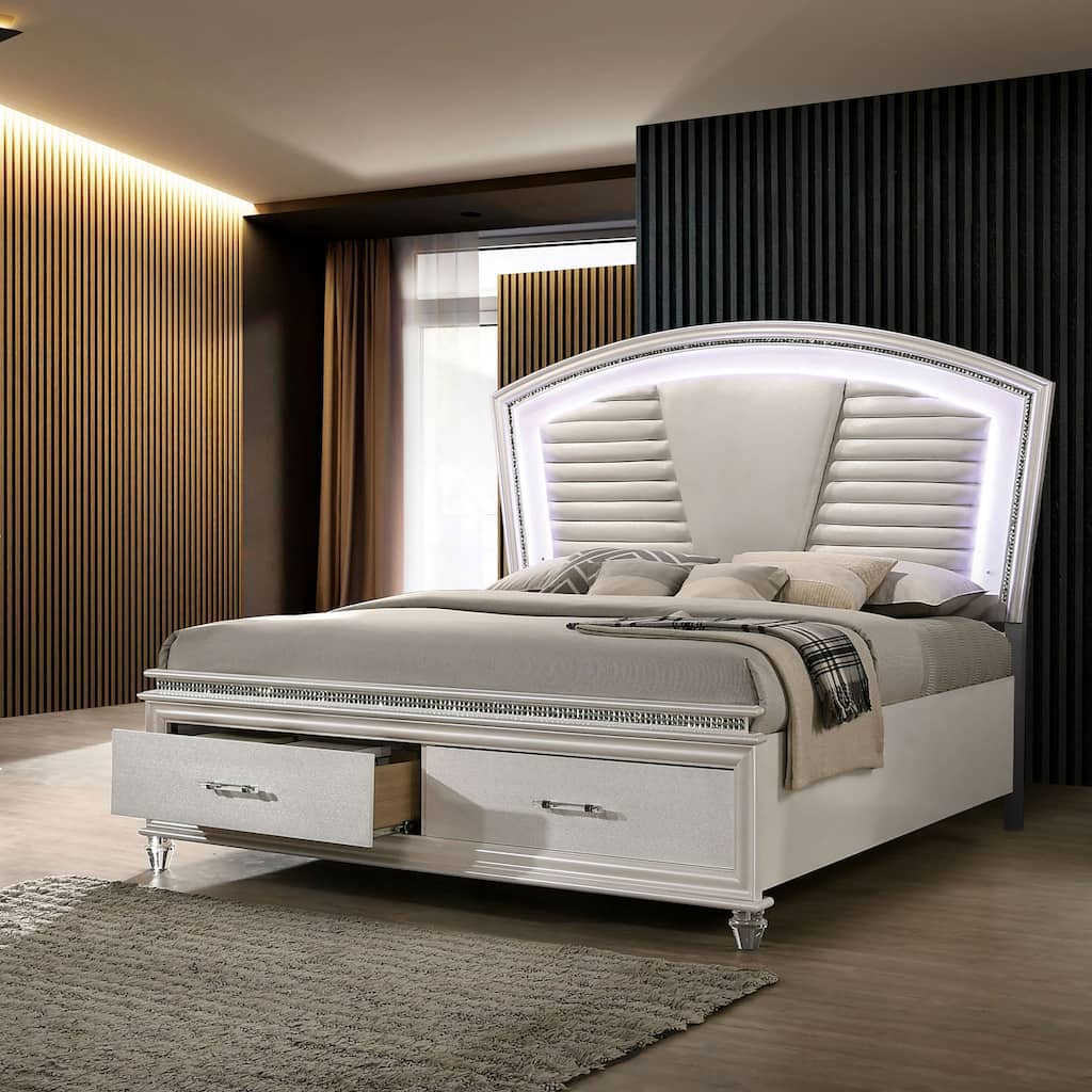 Xian Contemporary Wood Faux Leather Upholstered Tufted Storage Platform Bed with LED by Furniture of America