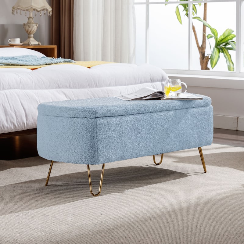 Modern Camel Fur Storage Ottoman with Gold Legs for Living Room Bedroom