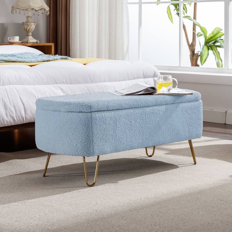 Modern Faux Fur Storage Ottoman Bench with Gold Legs for Living Room, Bedroom, Entryway