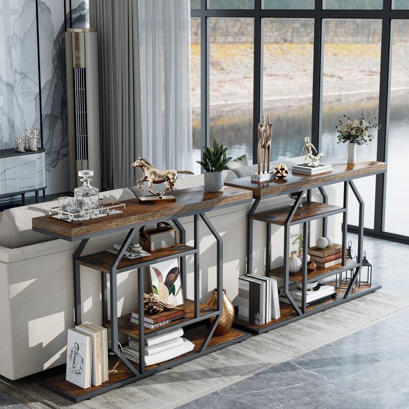 Console Table Industrial 4-Tier Entryway Table Narrow Wood Accent Tables with Storage Shelves for Living Room, Hallway, Foyer