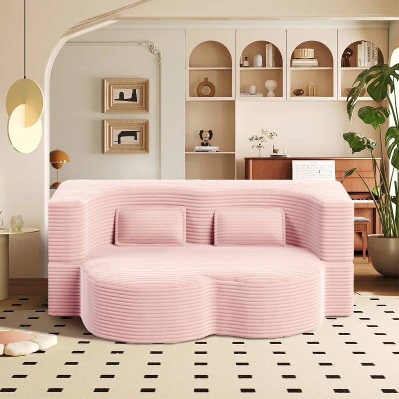 Modern 78" Full Size Convertible Corduroy Foam-Filled Sleeper Sofa,Modern Floor Sofa with 2 Pillows - Baby Pink