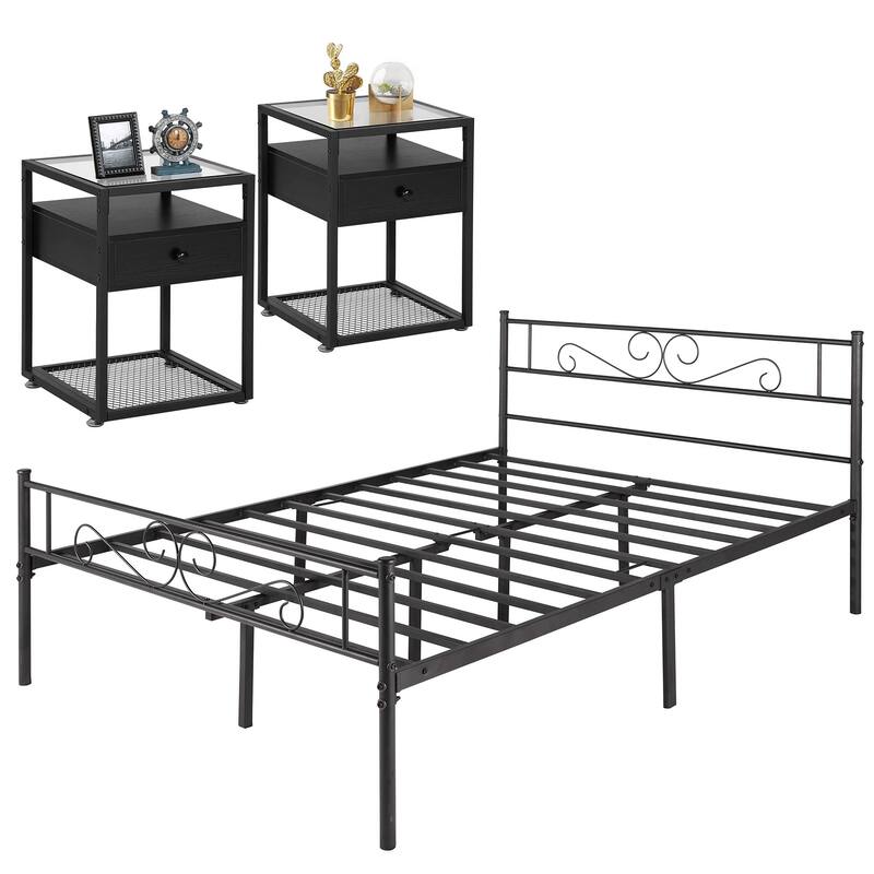 3-pieces Platform Bed Frame and Glass Top Nightstands Set of 2 - Black Nightstands - Queen