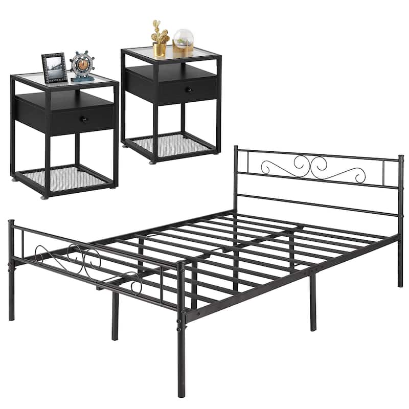 Tamika 3-pieces Metal Bed Frame Tempered Glass Nightstands Set - Black Nightstands - Full