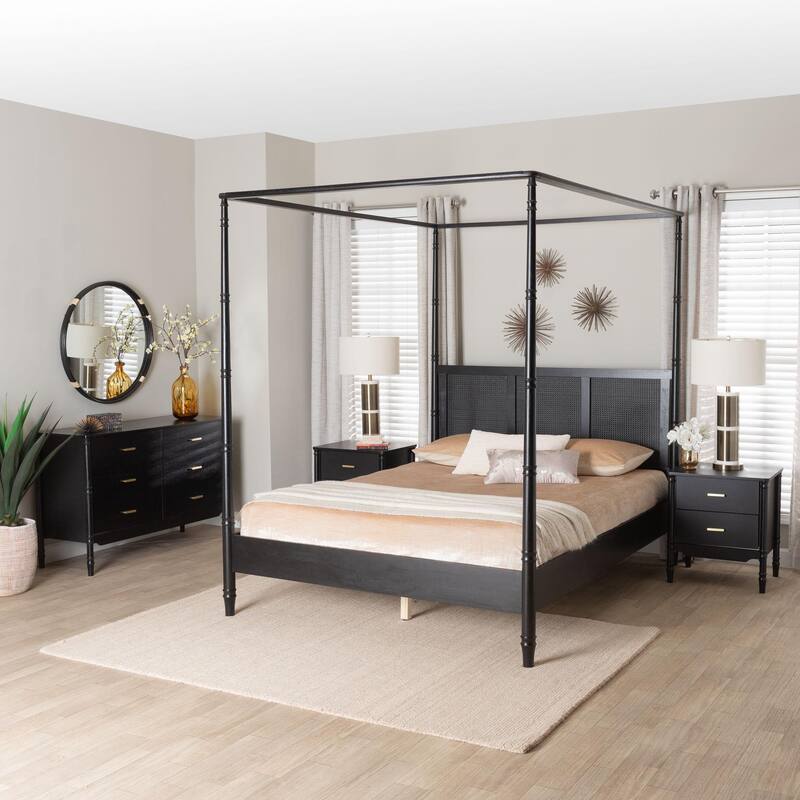 Marisela 4-Piece Black Bedroom Set - Canopy Bed with Synthetic Rattan Headboard, Matching Dresser and Two Nightstands