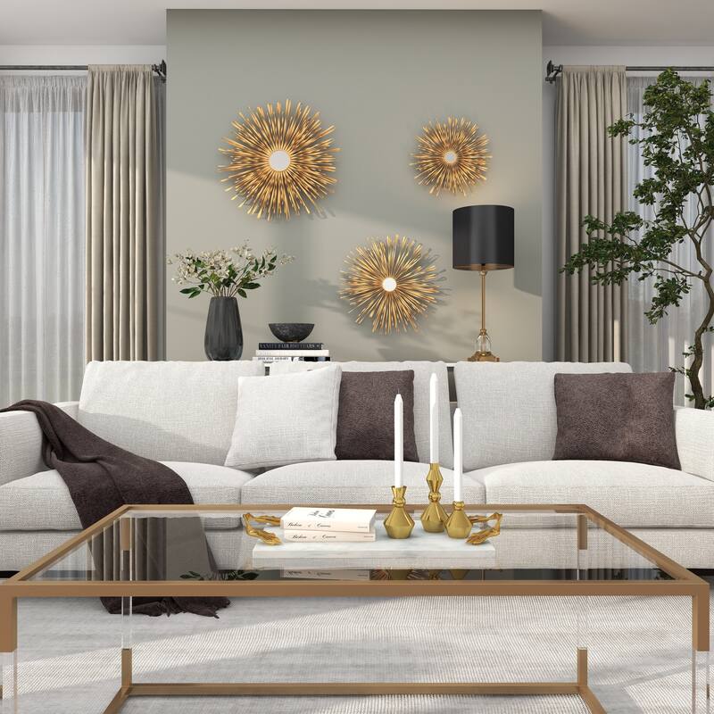 Metal 3D Looped Sunburst Wall Decor with Mirrored Center (Set of 3) - Silver or Gold