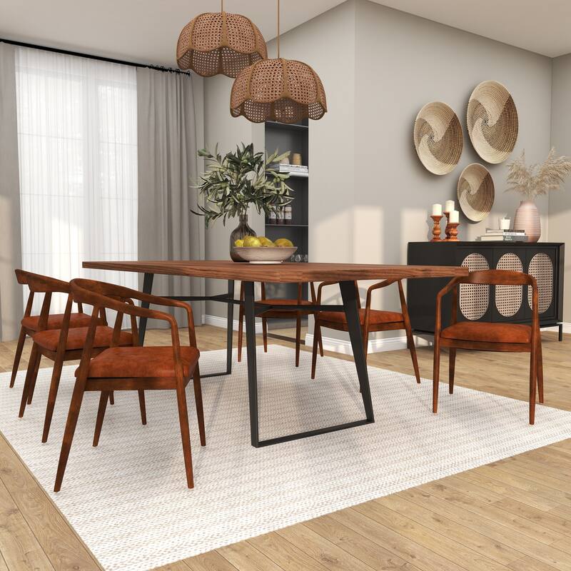 Brown Teak Wood Handmade Rounded Dining Chair with Leather Cushion - 20 x 21 x 32