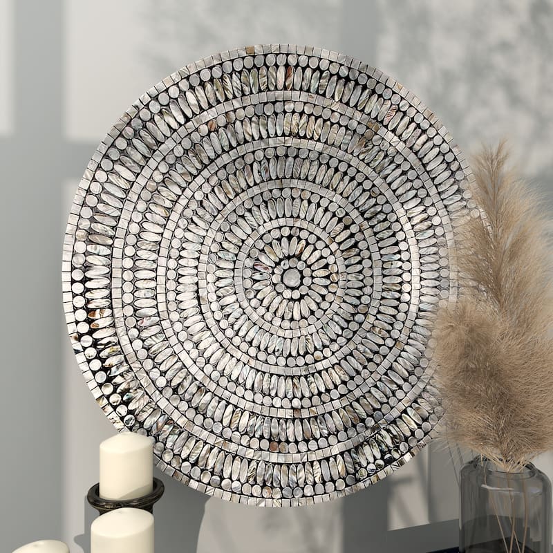 Mother of Pearl Shell Plate Handmade Mosaic Home Wall Decor with Beige and Black Accents - Gray - Roche River Decor