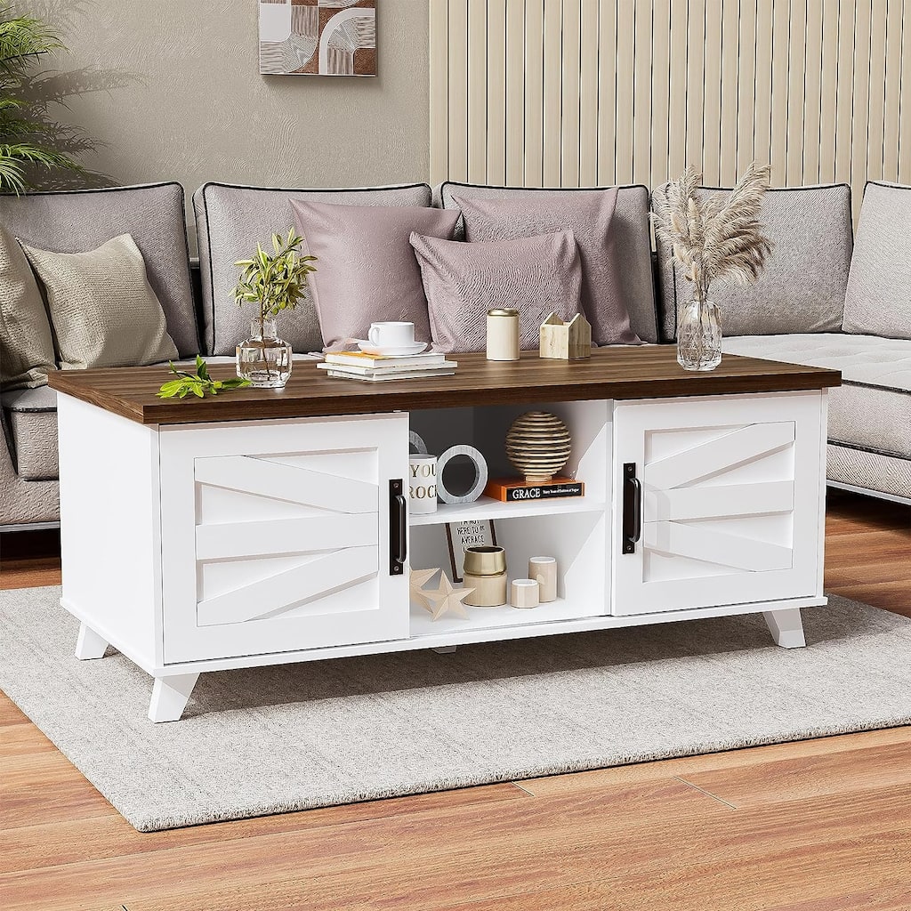 Farmhouse Coffee Table with Sliding Barn Doors for Living Room