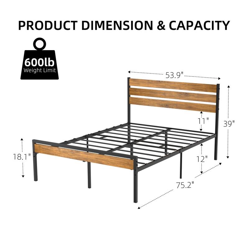 Bed Frame With Wood Headboard Supported By Metal Slats