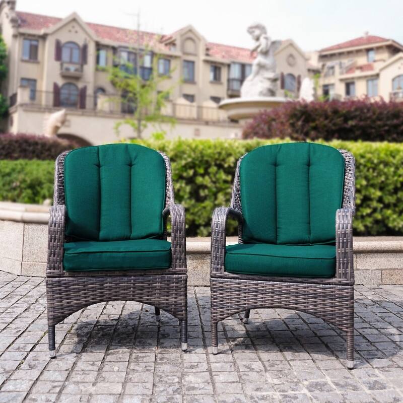 2-Piece Patio Brown Wicker Arm Chair with Cushion - Green