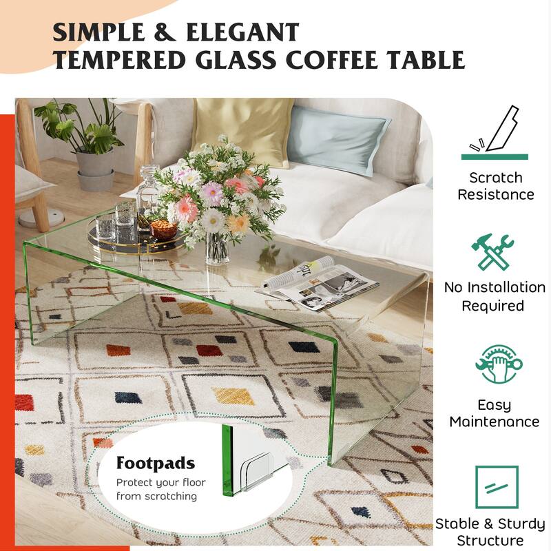 Costway Tempered Glass Coffee Table Accent Cocktail Side Table Living - 42.5"L × 20"W ×14" H