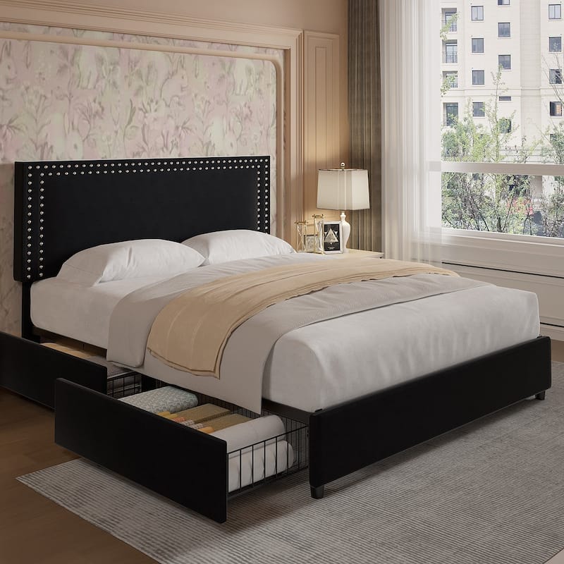 VECELO Upholstered Storage Bed Frames with 4 Storage Drawers Platform Bed Frame with Adjustable Velvet Rivets Headboard