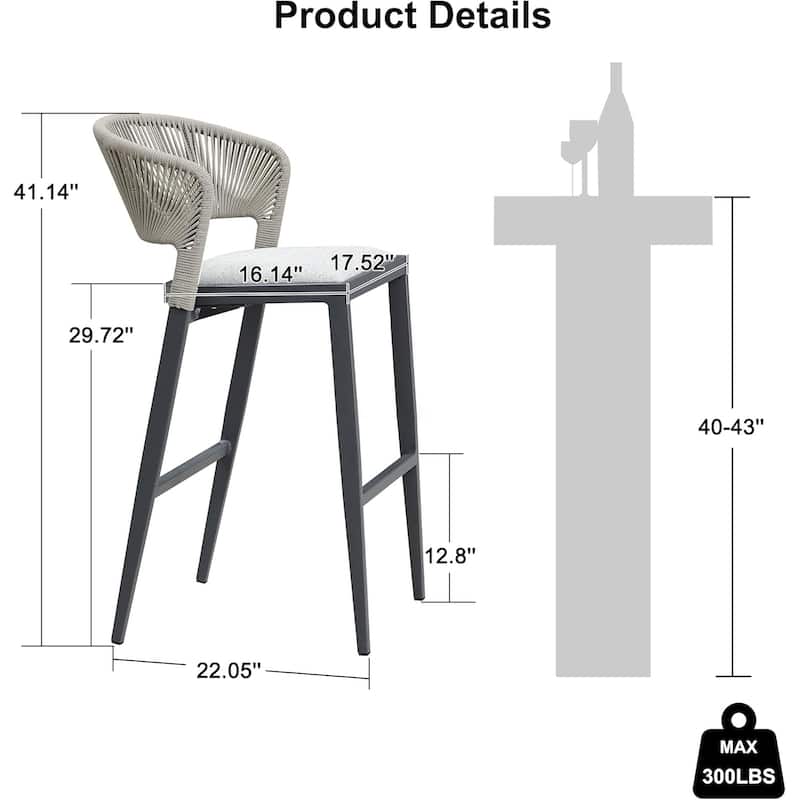 PURPLE LEAF Bar Stool Set of 2 Outdoor Rattan Bar Chair with Back Metal Bar Height Stool Wicker Barstool Dark Grey - N/A