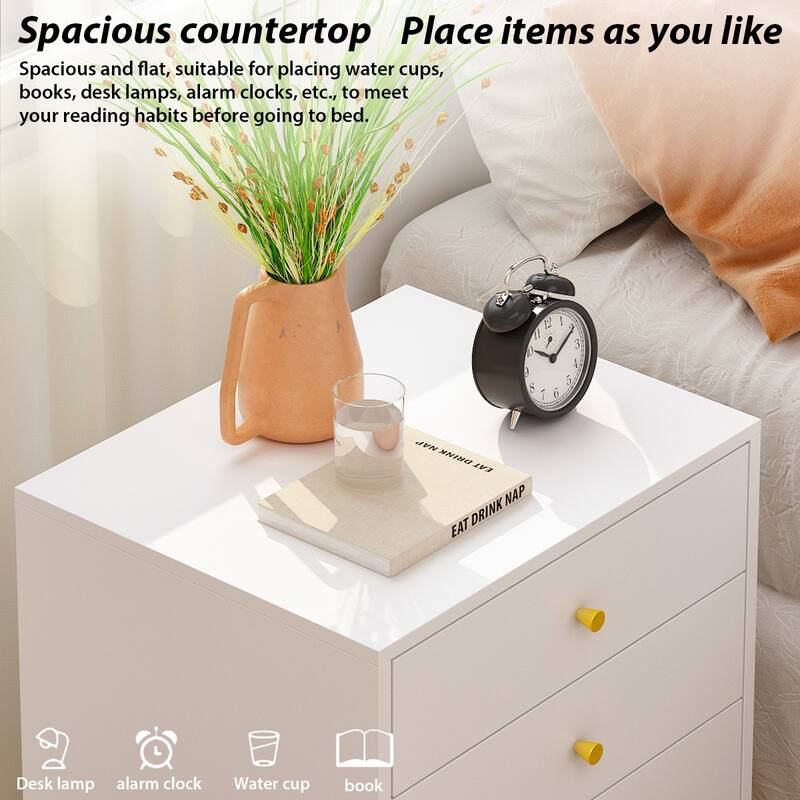 Nightstand Bedside Table 3-Drawer with Metal Legs End Table White