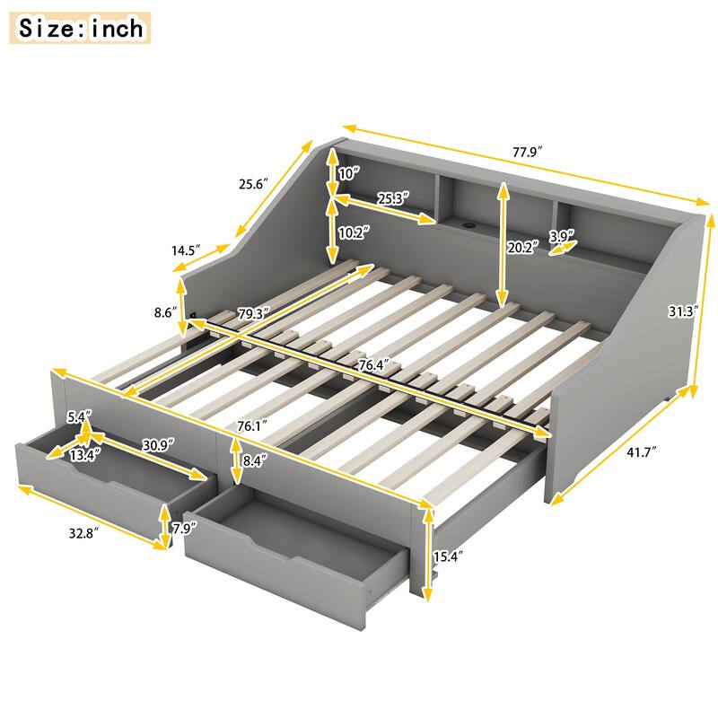 Twin to King Size Daybed Frame with Storage Bookcases and Two Drawers,Charging Design