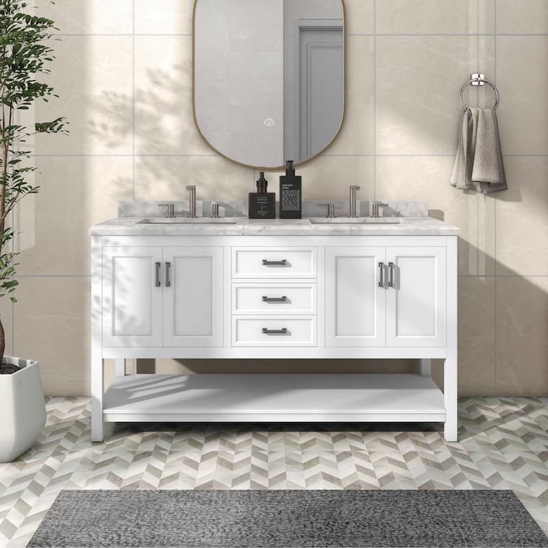 Furniture of America Anya 61" Double Bathroom Vanity with White Carrera Marble Top and Undermount Sink - White