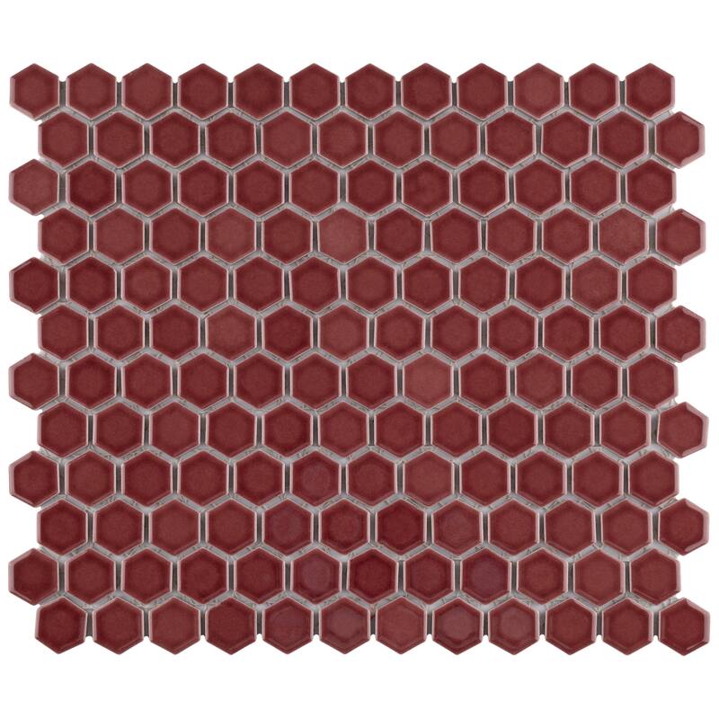 Merola Tile Tribeca 1" Hex Glossy Rusty Red 10-1/4" x 11-7/8" Porcelain Mosaic Floor and Wall Tile
