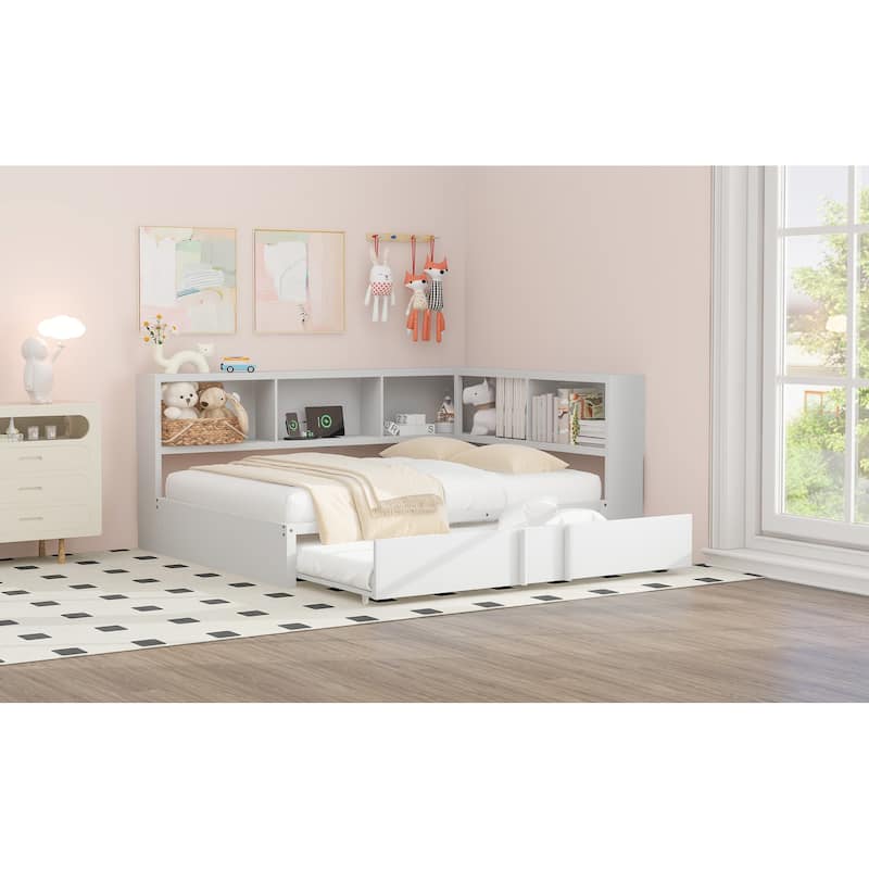 White Full Size Metal Daybed with Trundle, Storage Cabinets and USB Ports for Bedroom