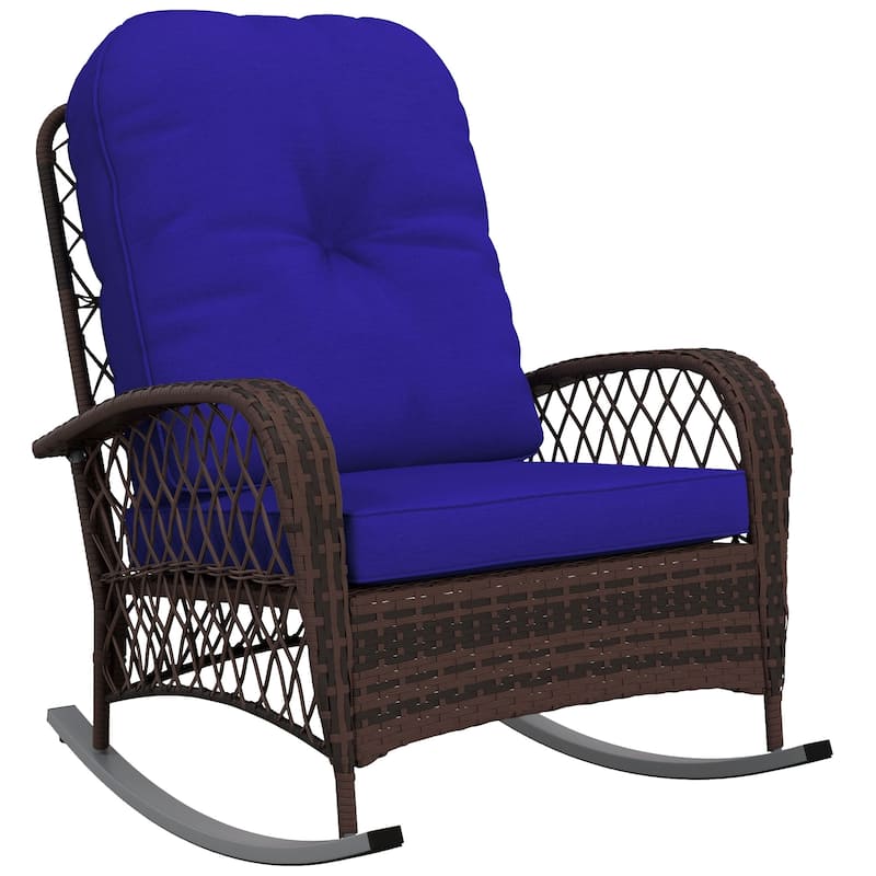 Outsunny Outdoor Wicker Rocking Chair with Wide Seat, Thick, Soft Cushion, Rattan Rocker w/ Steel Frame, High Weight Capacity
