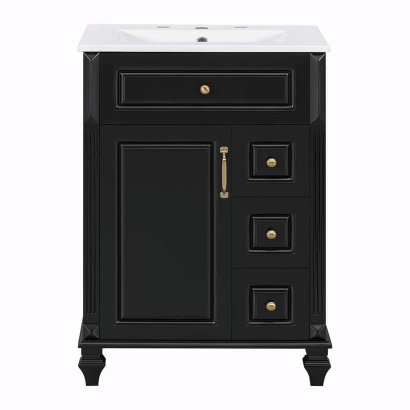 24" Bathroom Vanity with Sink, Freestanding Vanity Cabinet with Flip-Out Drawer, 3 Drawers, Ceramic Top