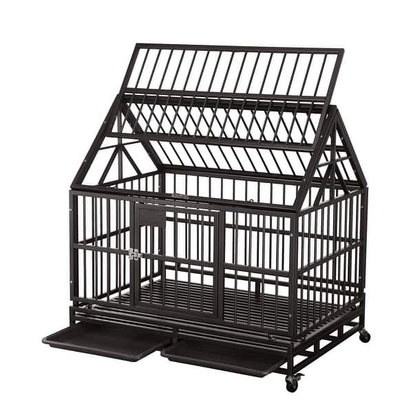 Heavy Duty Dog Cage Crate Strong Metal with Four Wheels and Roof for