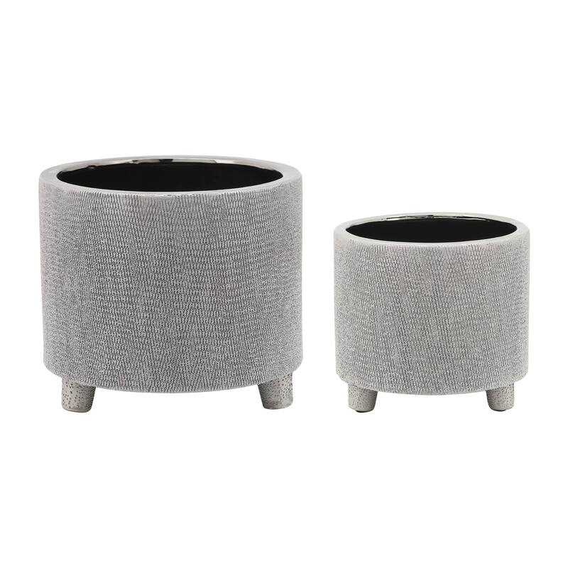 Footed Scratched Planter Pots Set of 2 - Silver, 6/8 in.