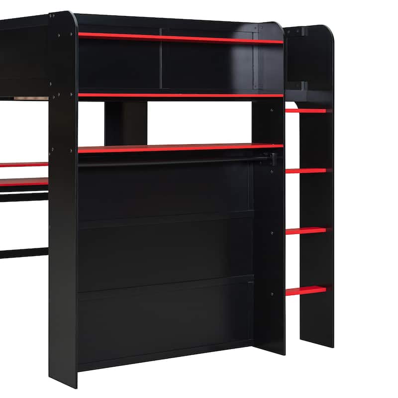 Full Size Esports Loft Bed, Built-In Gaming Station with Adjustable Desk, Wardrobe, Book Shelves, USB Port & RGB Strip Lighting