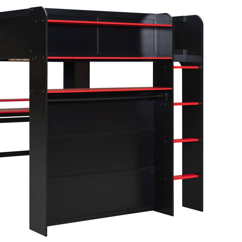 Full Size High Loft Bed, LED Loftbed Frame with Height Adjustable Desk, Wooden Storage Loft Bed with Wardrobe and Shelves