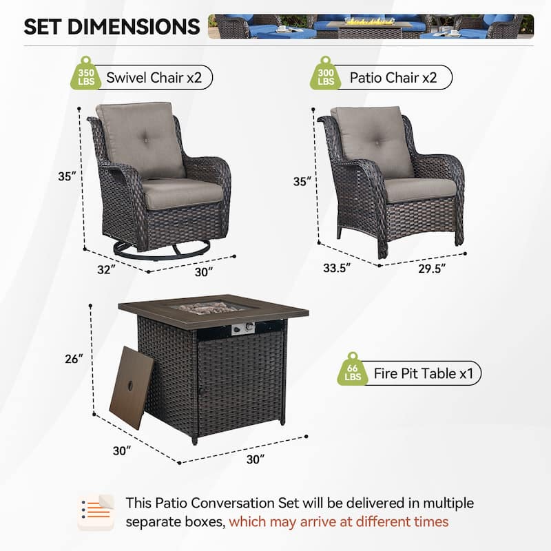 Gymojoy 5-Piece Outdoor Furniture Conversation Set, 2 Swivel Chairs, 2 Patio Chairs & 55K BTU Fire Pit Table
