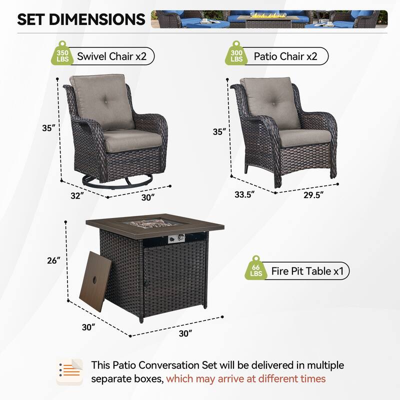 Pocassy Fire Pit Table with 2 Swivel Chairs 2 Patio Chairs