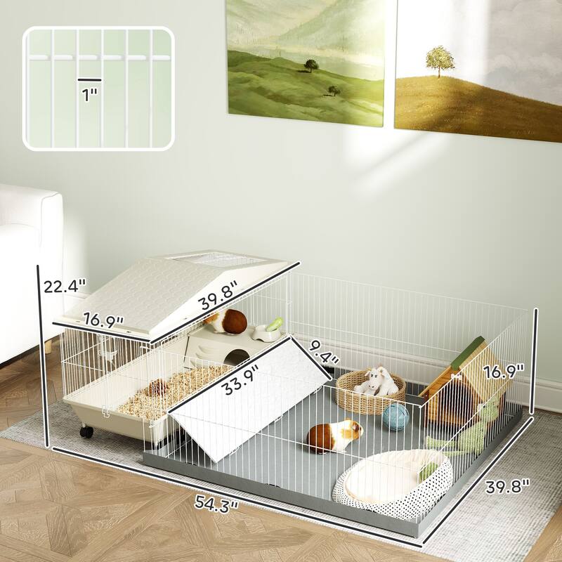 PawHut Small Animal Cage with Removable Pet Playpen, Guinea Pig Cage with Waterproof Pad, Hay Feeder