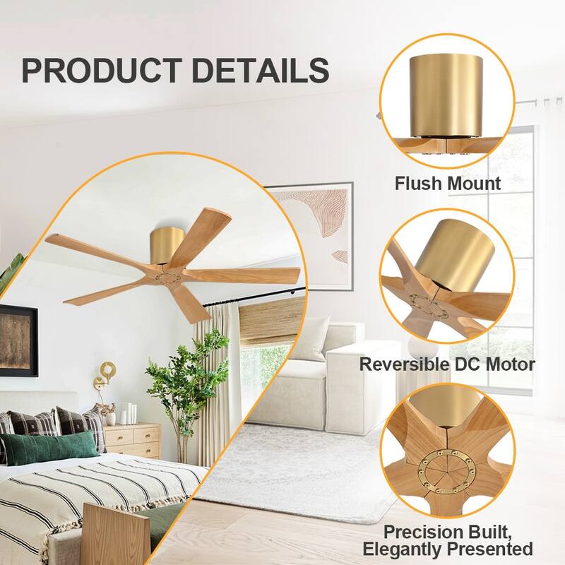 WINGBO 52" Solid Wood DC Motor Integrated LED Hugger Ceiling Fan with Remote