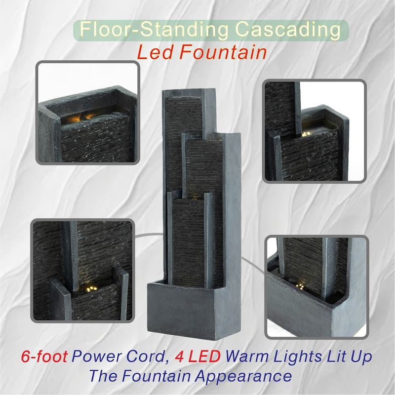 GDFStudio - Modern 40" Outdoor/Indoor Water Fountain with Floor-Standing Curved Cascading Waterfall & LED Lights