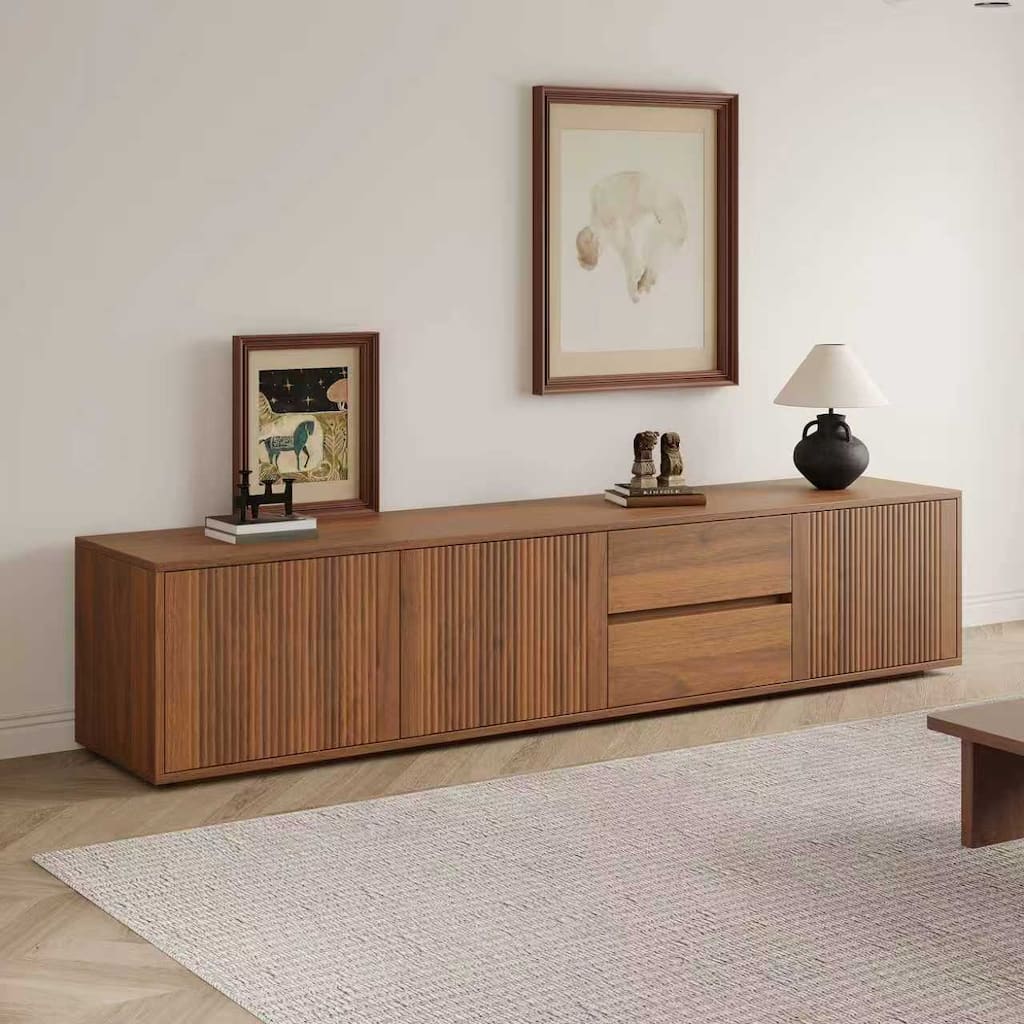 78.74" Mid Century Brown Wood TV Stands, 2 Drawers and Cabinets