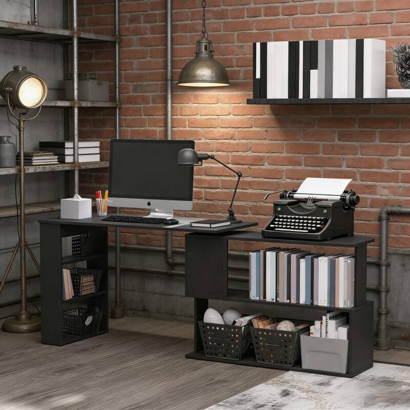 Spacious Writing Table Workstation,L Shaped Corner Computer Desk,360° Rotating Home Office Desk - Black