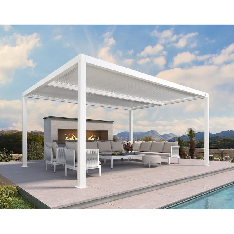 PURPLE LEAF Louvered Pergola Modern White Pergola with Adjustable Roof for Deck Backyard Garden - 12' x 16' - White