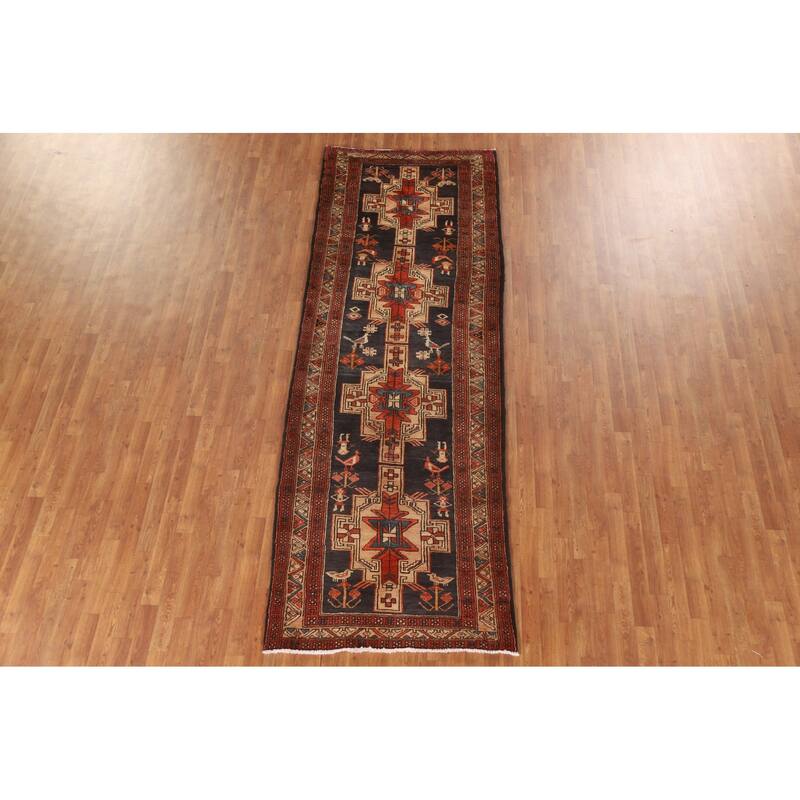 Navy Blue Ardebil Persian Vintage Runner Rug Hand-knotted Wool Carpet - 3'9"x 10'8"