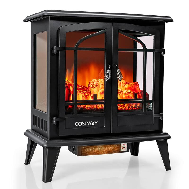 Costway 25'' Freestanding Electric Fireplace Heater Stove W/ Realistic - See Details - Black - See Details