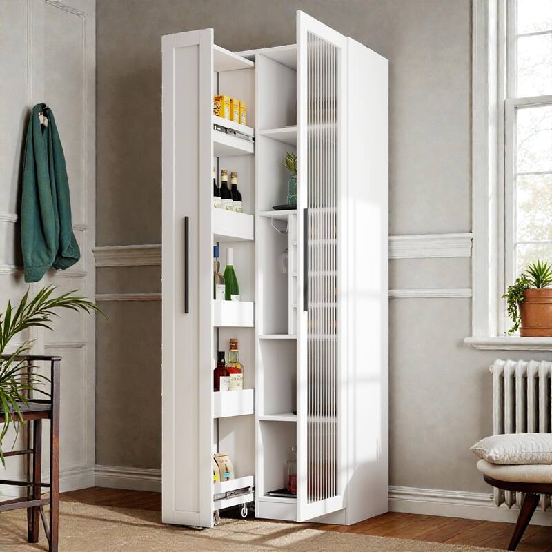 Farmhouse Kitchen Pantry Cabinet with Multi-Tier Pull-Out Storage Shelf & Glass Doors, Tall Food Storage Organizer