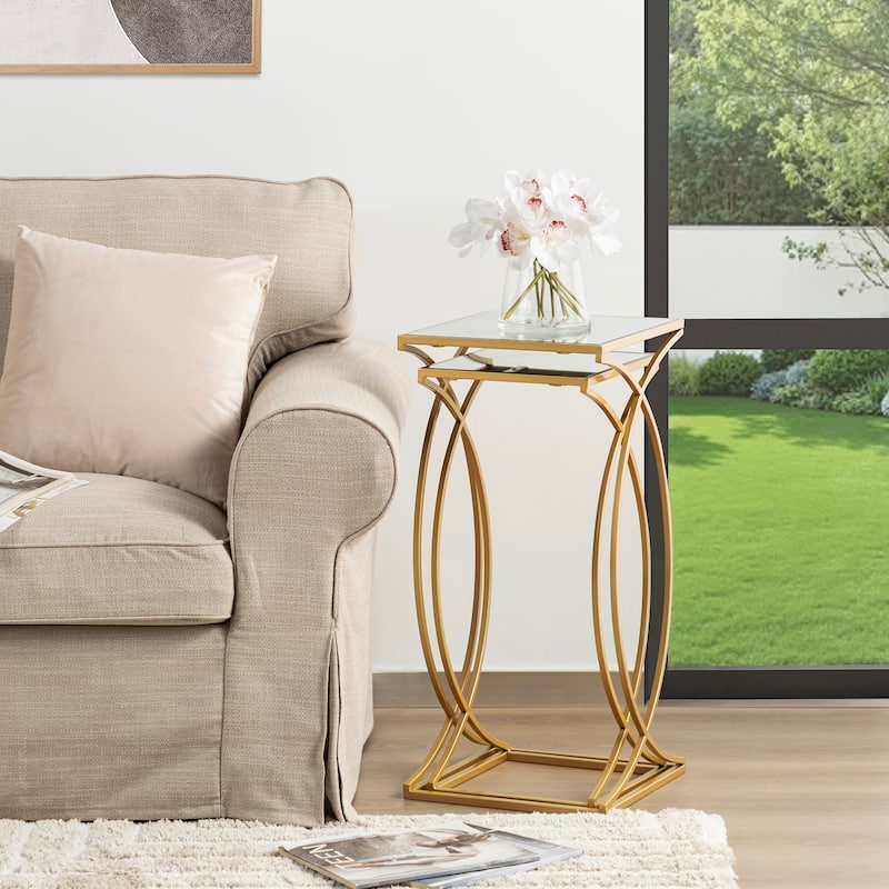 Glitzhome Set of 2 Glam Glass Modern Square/Octagon Gold/Silver Side Table Sofa Table