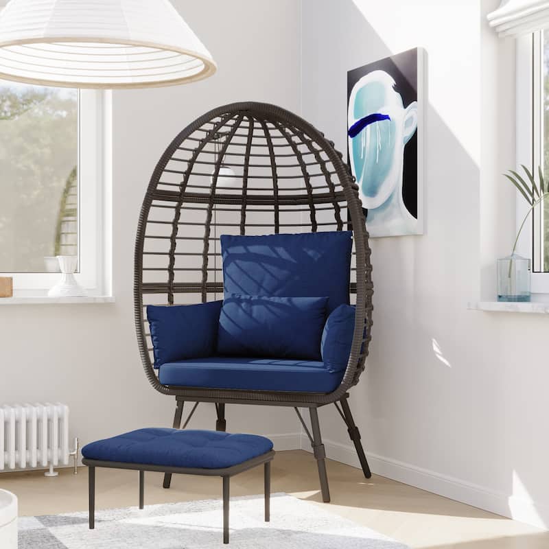 Cozywor Patio Indoor/Outdoor Egg Lounge Chair with Ottoman and Cushions - Blue