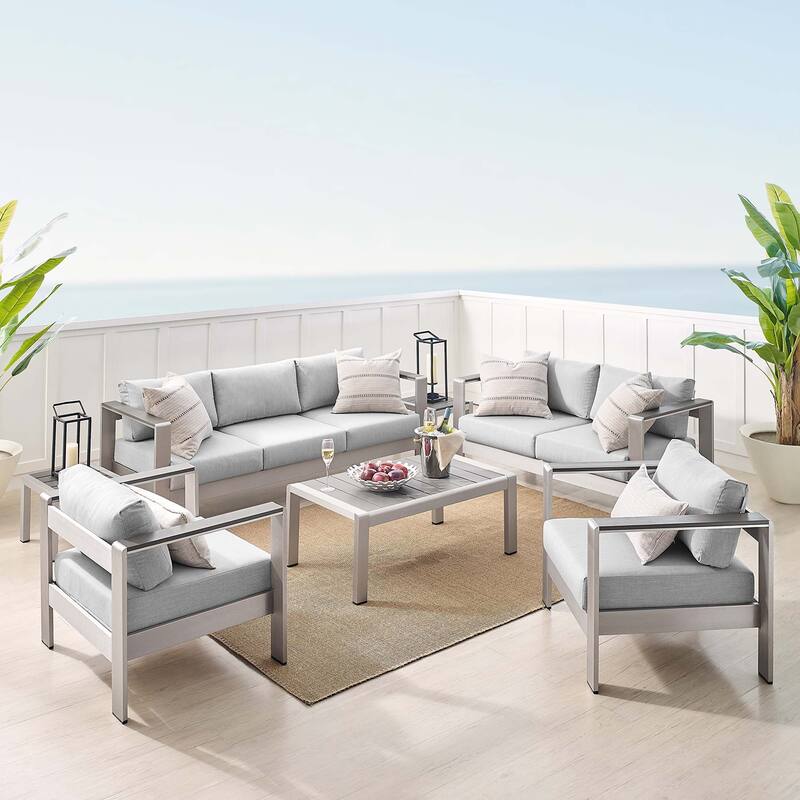 Shore 7 Piece Sunbrella® Fabric Outdoor Patio Aluminum Set - Silver Gray