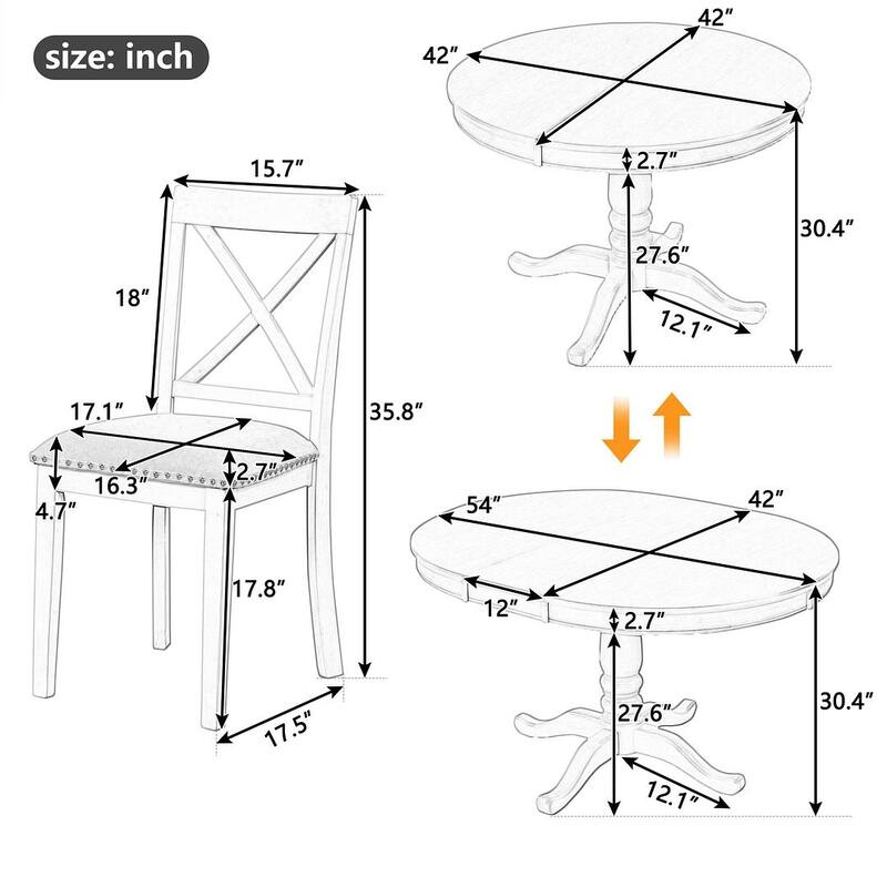 Wooden Round Drop Leaf Extendable Dining Table Set with 4 Upholstered Chairs