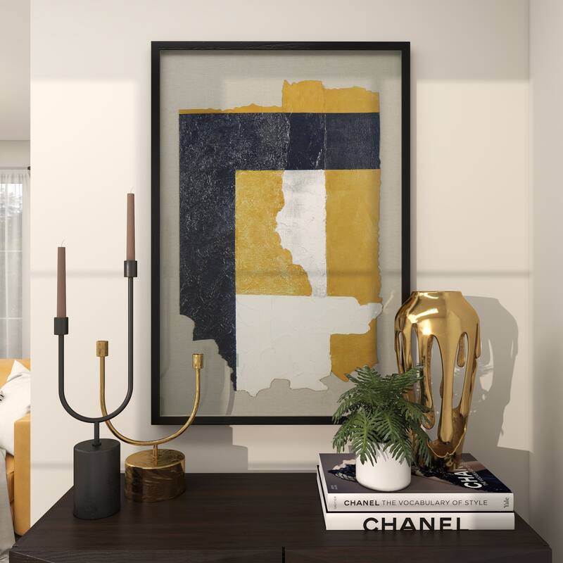 Linen Fabric Abstract Layered 3D Textured Framed Wall Art with Gray Backing - Blue or Yellow - Roche River Decor