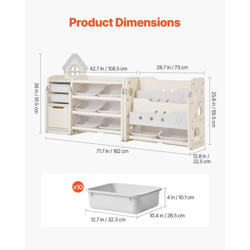 Kids Toy Storage with Bookshelf, 4-Tier Toy Storage Organizer with 10 Plastic Bins, Kids Cubby Cabinet with Bookshelf for Study