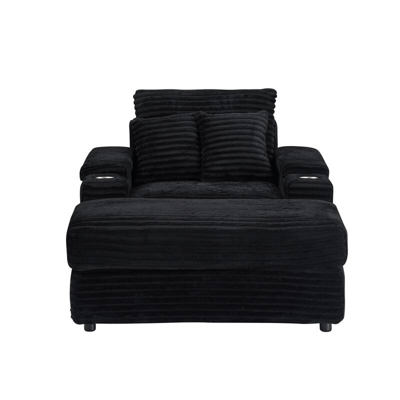 Black Corduroy Single Sofa with Pillows and Ottoman