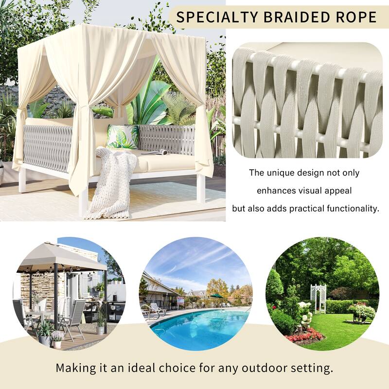 Outdoor Double Daybed Iron Patio Sunbed with Curtains and Removable Cushions