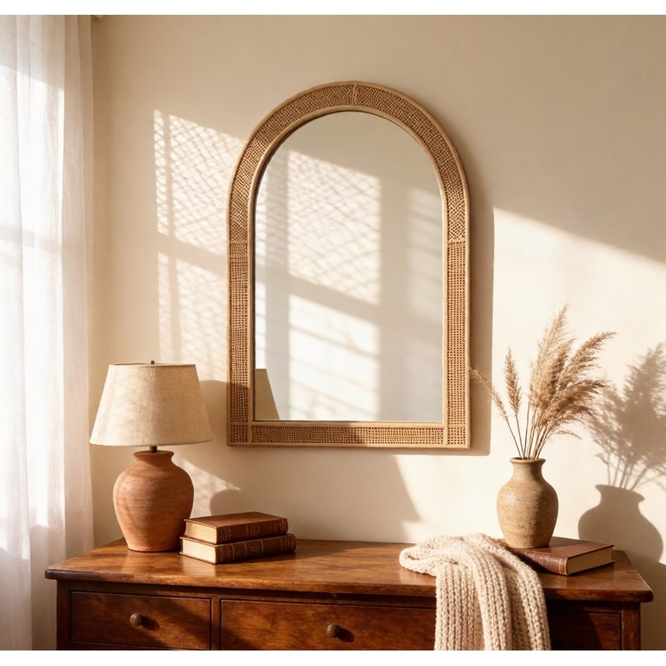 Arched Rattan Wall Mirror, Farmhouse Vanity Mirror - 25.5" x 1.6" x 37.4"