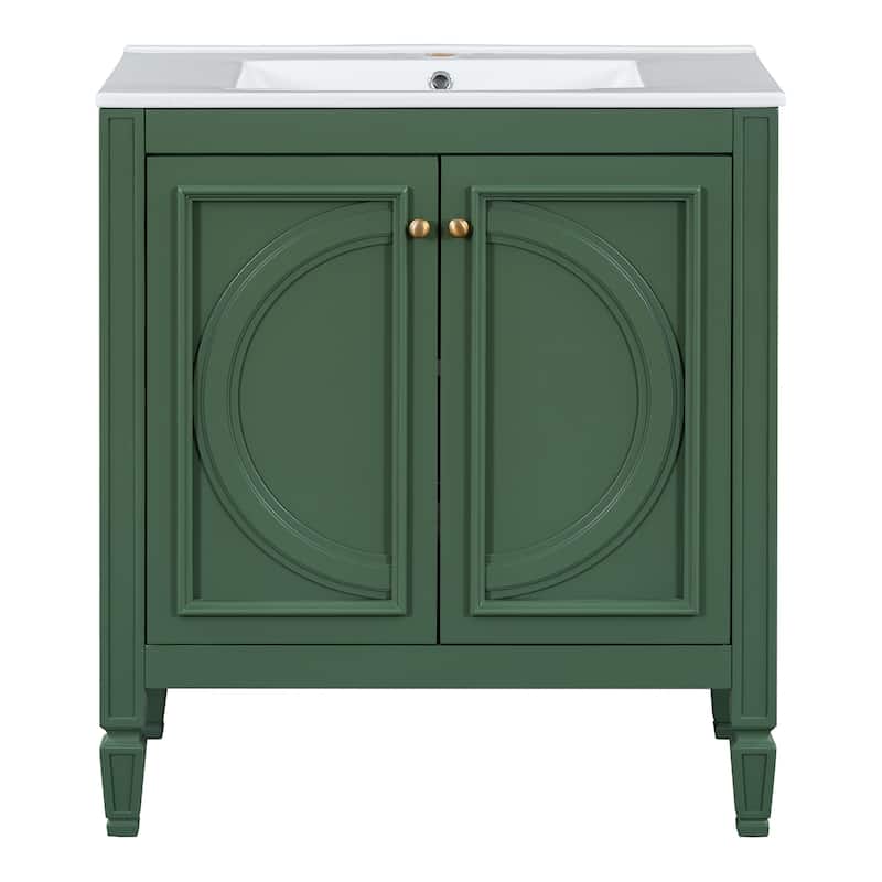 Green 30-Inch Freestanding Vanity with Ceramic Sink, Soft-Close Doors, Adjustable Shelf, and Retro Legs